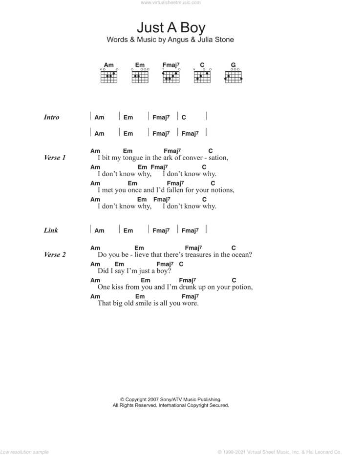 Just A Boy sheet music for guitar (chords) by Julia Stone and Angus Stone, intermediate skill level