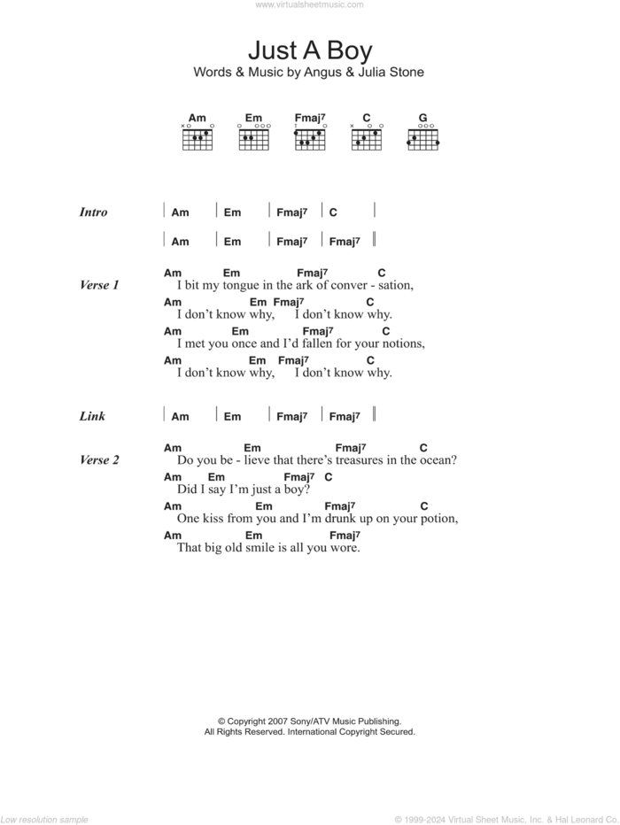 Just A Boy sheet music for guitar (chords) by Julia Stone and Angus Stone, intermediate skill level