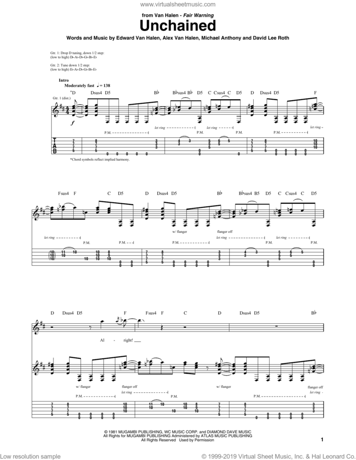 Unchained sheet music for guitar (tablature) by Edward Van Halen, Alex Van Halen, David Lee Roth and Michael Anthony, intermediate skill level