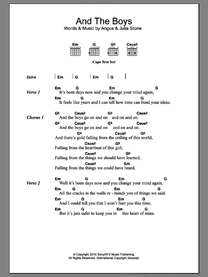 And The Boys sheet music for guitar (chords) by Julia Stone and Angus Stone, intermediate skill level