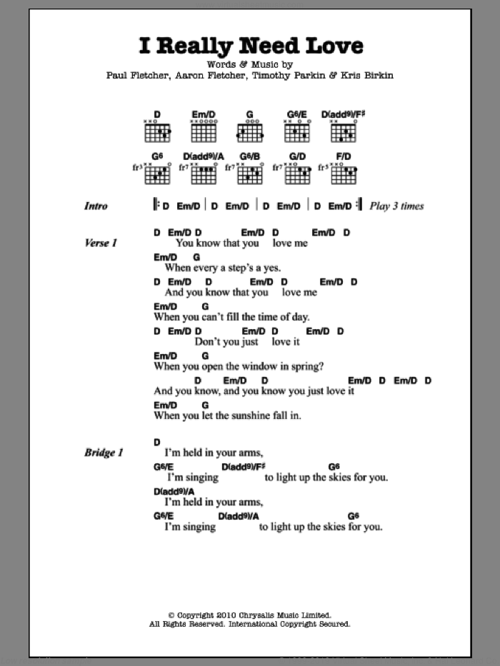 I Really Need Love sheet music for guitar (chords) by The Bees, Aaron Fletcher, Kris Birkin, Paul Fletcher and Timothy Parkin, intermediate skill level