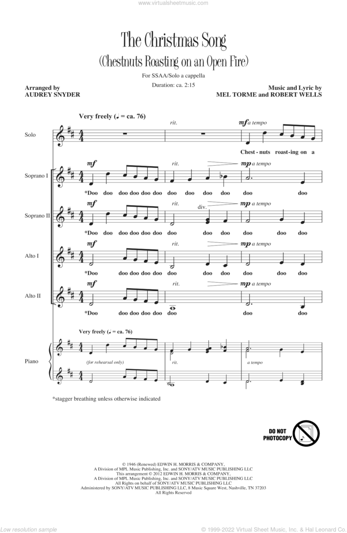 The Christmas Song (Chestnuts Roasting On An Open Fire) sheet music for choir (SSA: soprano, alto) by Mel Torme, Robert Wells and Audrey Snyder, intermediate skill level