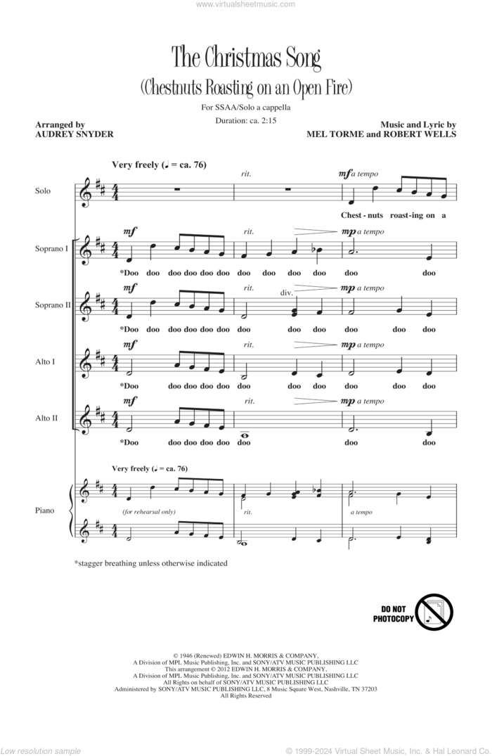 The Christmas Song (Chestnuts Roasting On An Open Fire) sheet music for choir (SSA: soprano, alto) by Mel Torme, Mel Torme, Robert Wells and Audrey Snyder, intermediate skill level