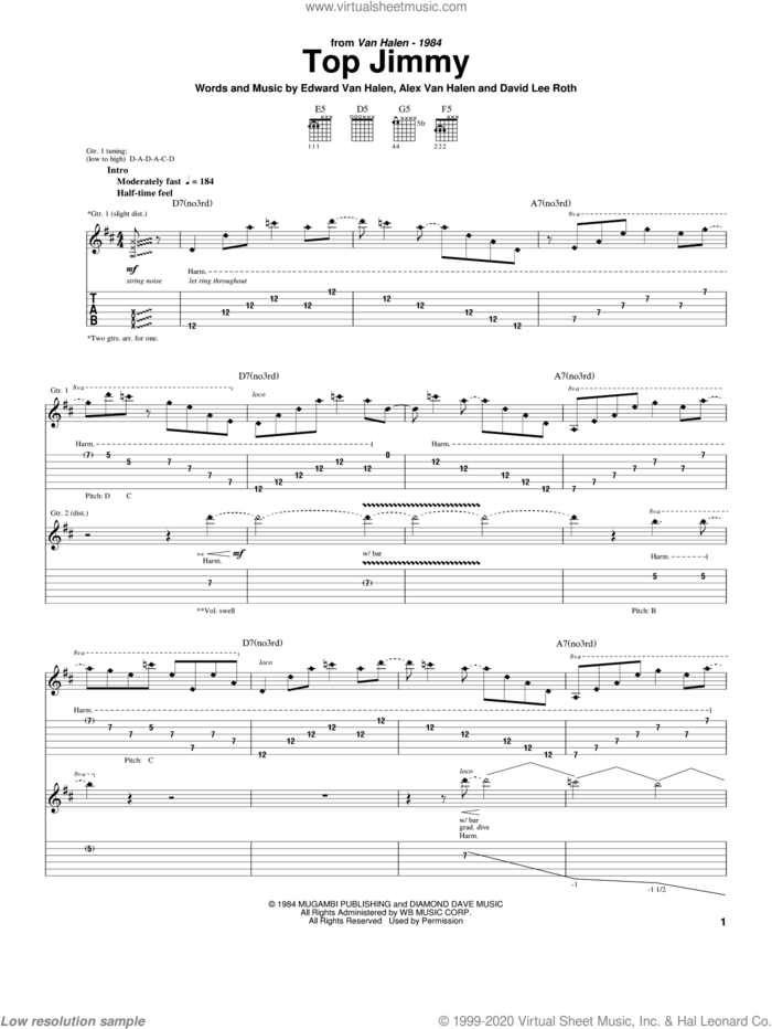 Top Jimmy sheet music for guitar (tablature) by Edward Van Halen, Alex Van Halen and David Lee Roth, intermediate skill level
