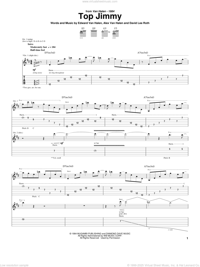 Top Jimmy sheet music for guitar (tablature) by Edward Van Halen, Alex Van Halen and David Lee Roth, intermediate skill level