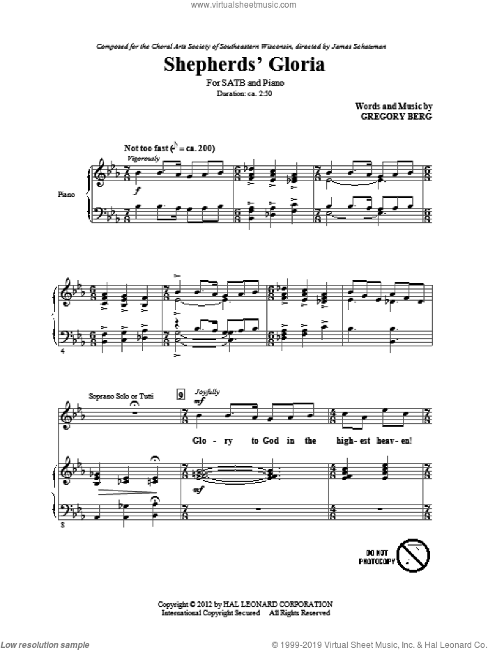 Shepherd's Gloria sheet music for choir (SATB: soprano, alto, tenor, bass) by Gregory Berg, intermediate skill level