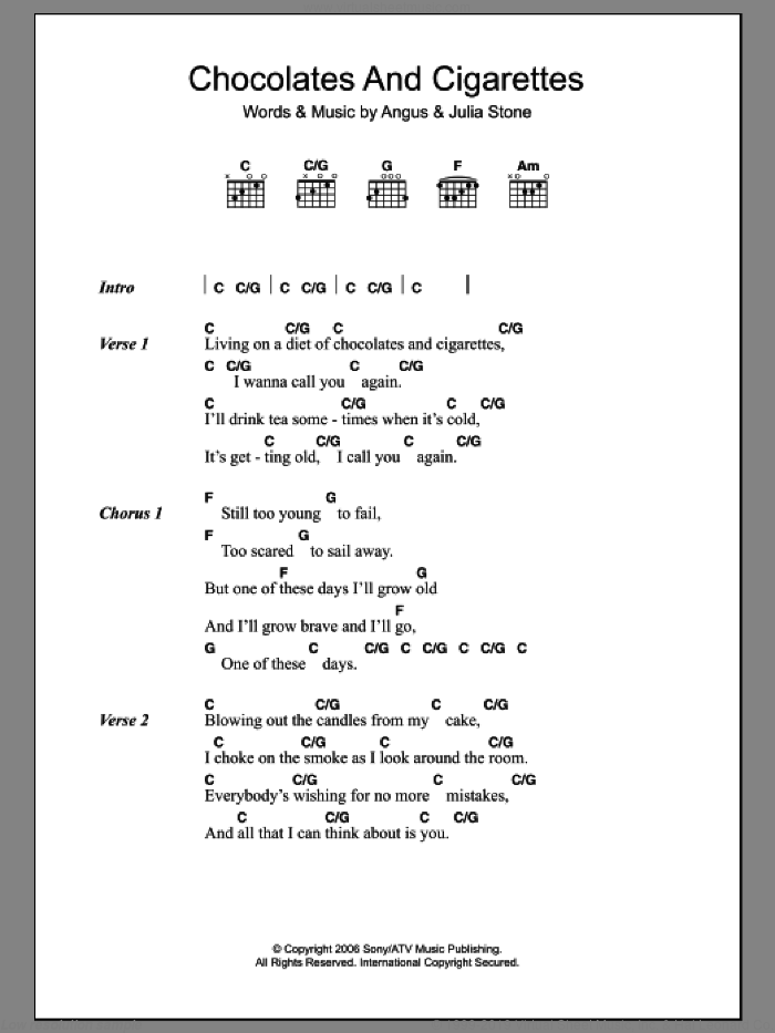 Chocolates And Cigarettes sheet music for guitar (chords) by Julia Stone and Angus Stone, intermediate skill level