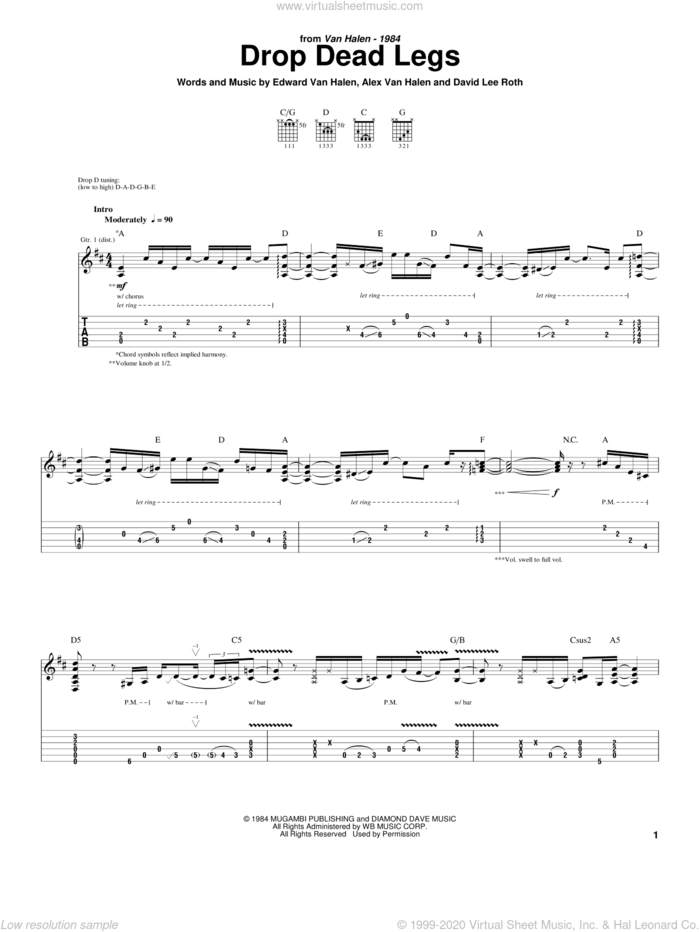 Drop Dead Legs sheet music for guitar (tablature) by Edward Van Halen, Alex Van Halen and David Lee Roth, intermediate skill level