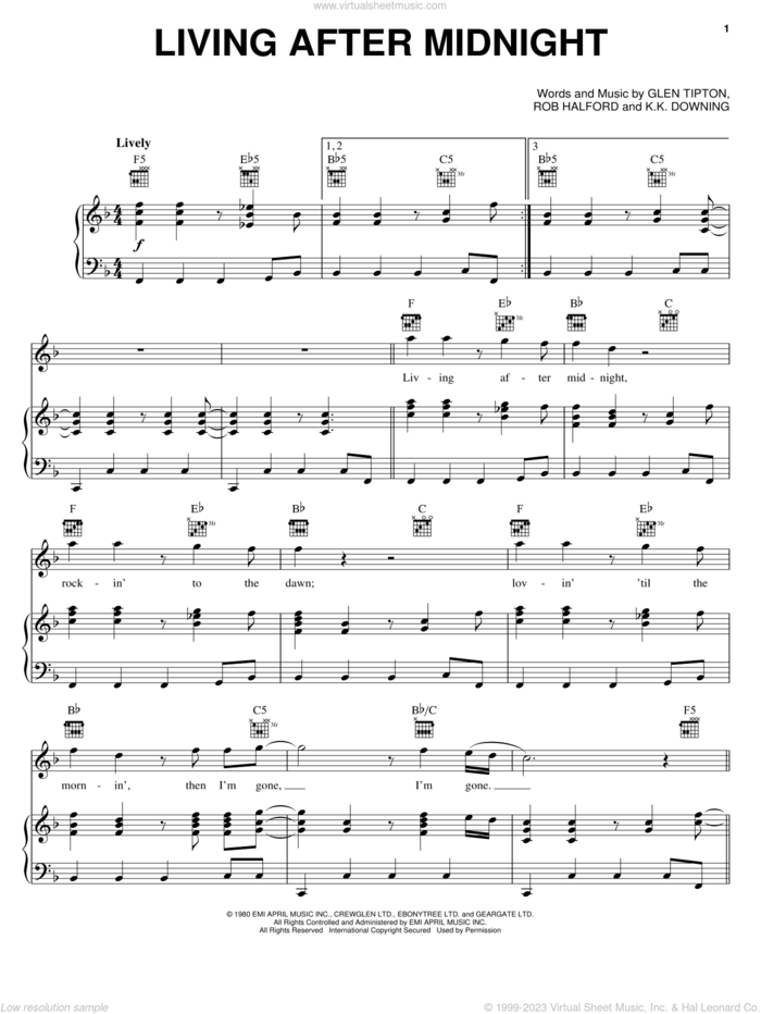 Living After Midnight sheet music for voice, piano or guitar by Judas Priest, Glenn Tipton, K.K. Downing and Rob Halford, intermediate skill level