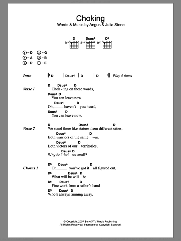 Choking sheet music for guitar (chords) by Julia Stone and Angus Stone, intermediate skill level