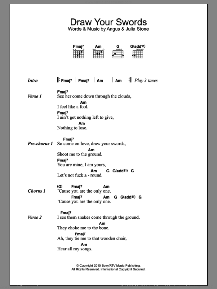 Draw Your Swords sheet music for guitar (chords) by Julia Stone and Angus Stone, intermediate skill level