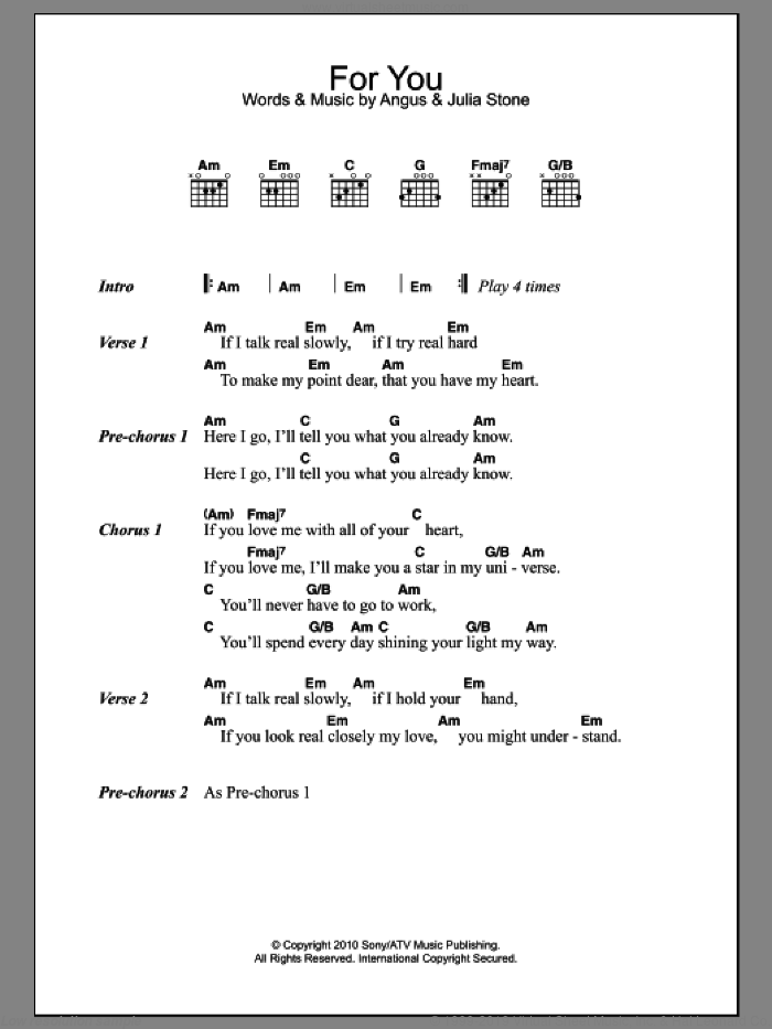 For You sheet music for guitar (chords) by Julia Stone and Angus Stone, intermediate skill level