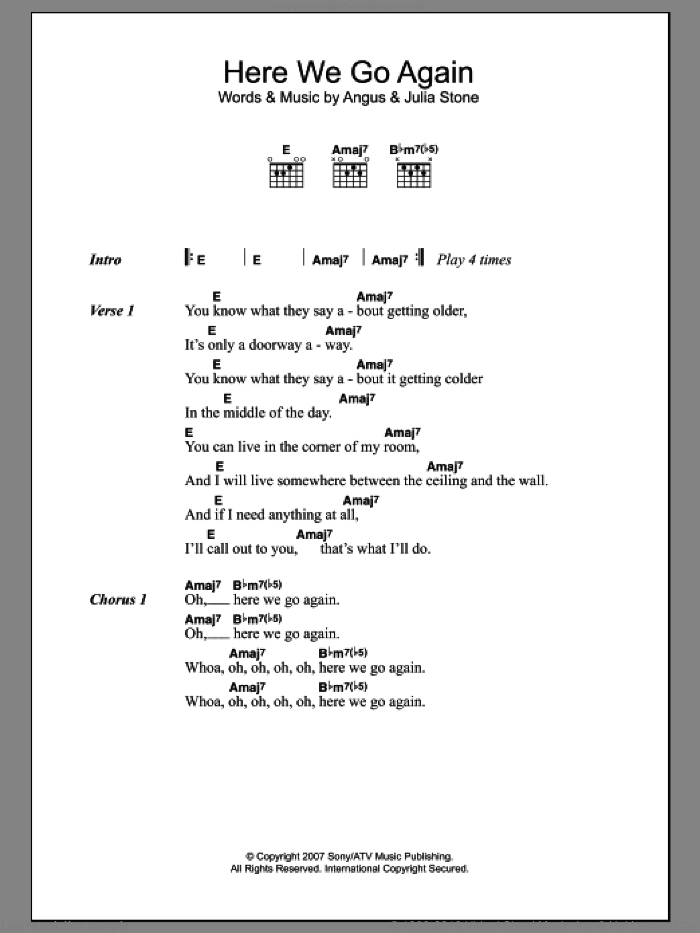 Here We Go Again sheet music for guitar (chords) by Julia Stone and Angus Stone, intermediate skill level