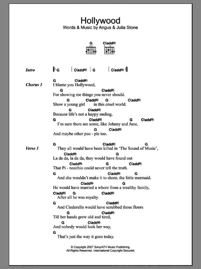 Hollywood sheet music for guitar (chords) by Julia Stone and Angus Stone, intermediate skill level