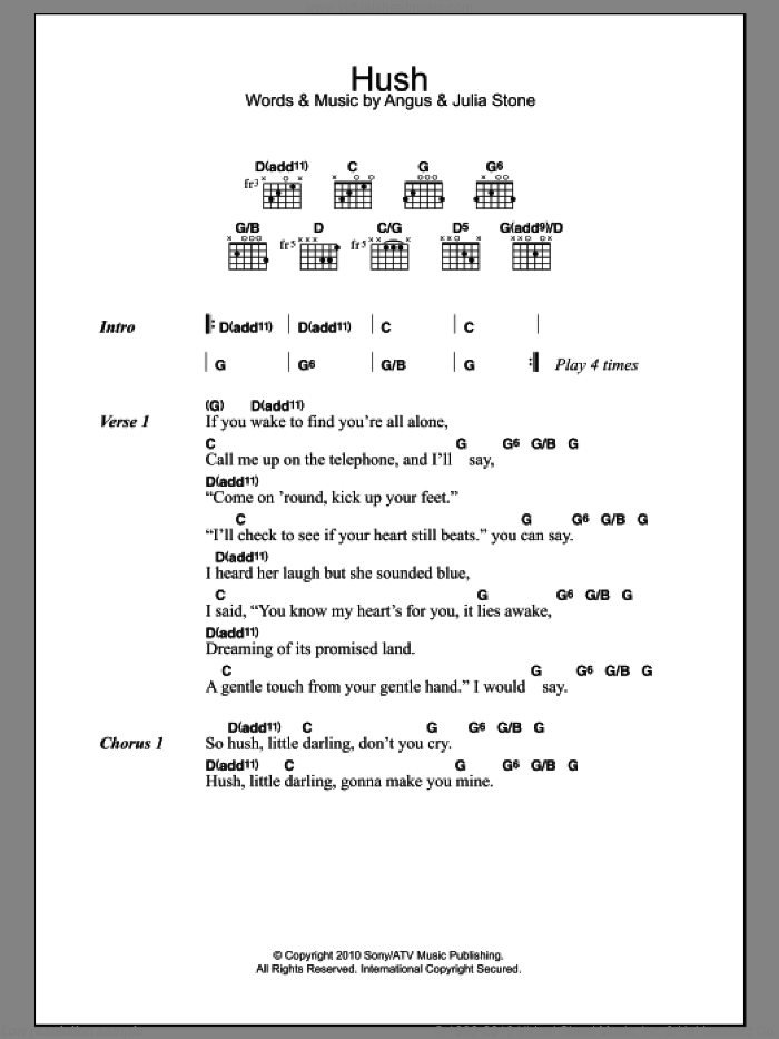 Hush sheet music for guitar (chords) by Julia Stone and Angus Stone, intermediate skill level