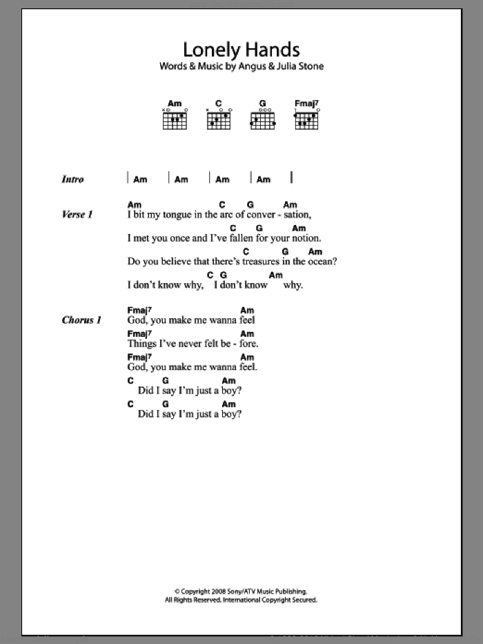 Lonely Hands sheet music for guitar (chords) by Julia Stone and Angus Stone, intermediate skill level