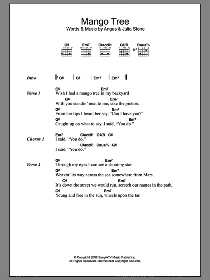 Mango Tree sheet music for guitar (chords) by Julia Stone and Angus Stone, intermediate skill level