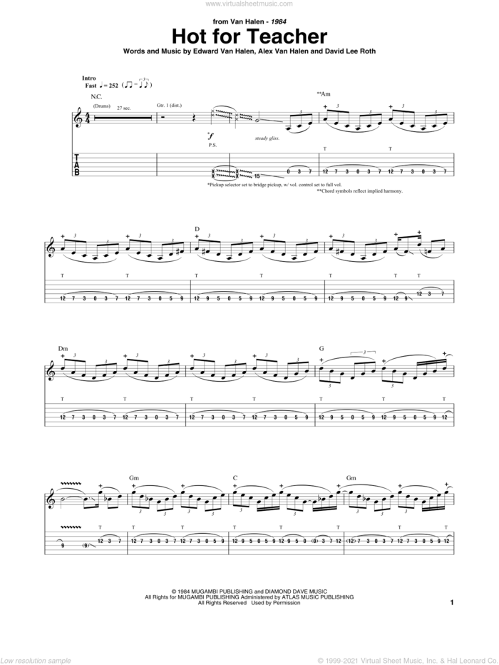 Hot For Teacher sheet music for guitar (tablature) by Edward Van Halen, Alex Van Halen and David Lee Roth, intermediate skill level