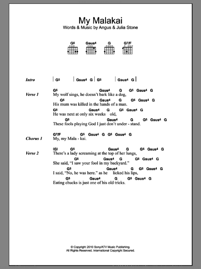 My Malakai sheet music for guitar (chords) by Julia Stone and Angus Stone, intermediate skill level