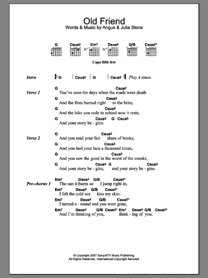 Old Friend sheet music for guitar (chords) by Julia Stone and Angus Stone, intermediate skill level