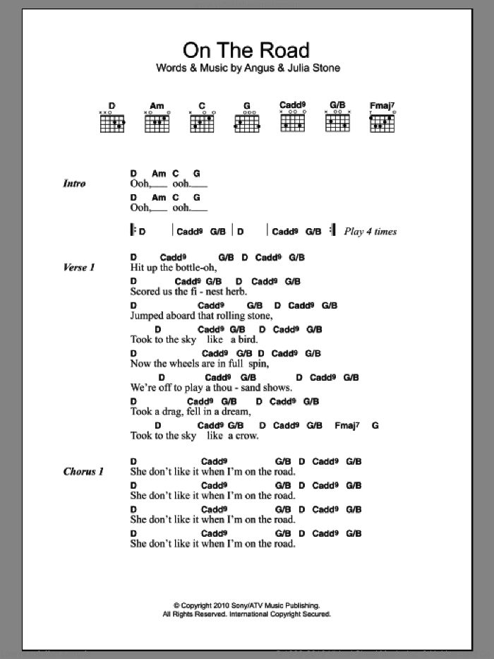 On The Road sheet music for guitar (chords) by Julia Stone and Angus Stone, intermediate skill level