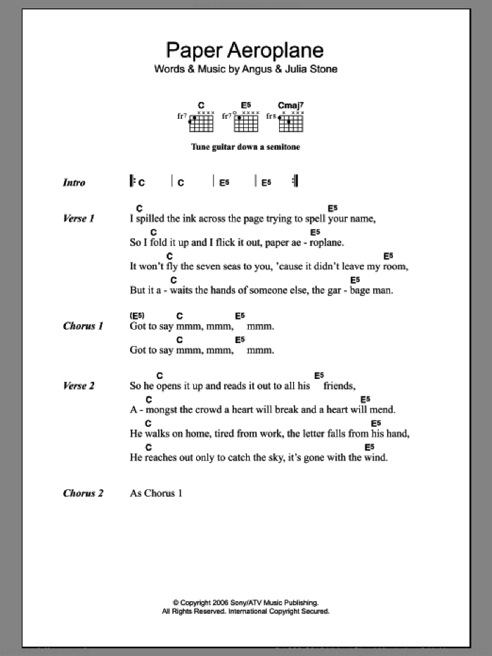 Paper Aeroplane sheet music for guitar (chords) by Julia Stone and Angus Stone, intermediate skill level