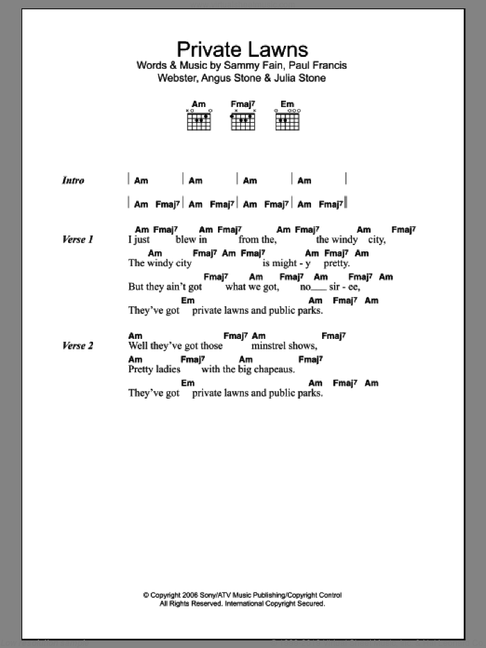 Private Lawns sheet music for guitar (chords) by Sammy Fain, Angus Stone, Julia Stone and Paul Francis Webster, intermediate skill level