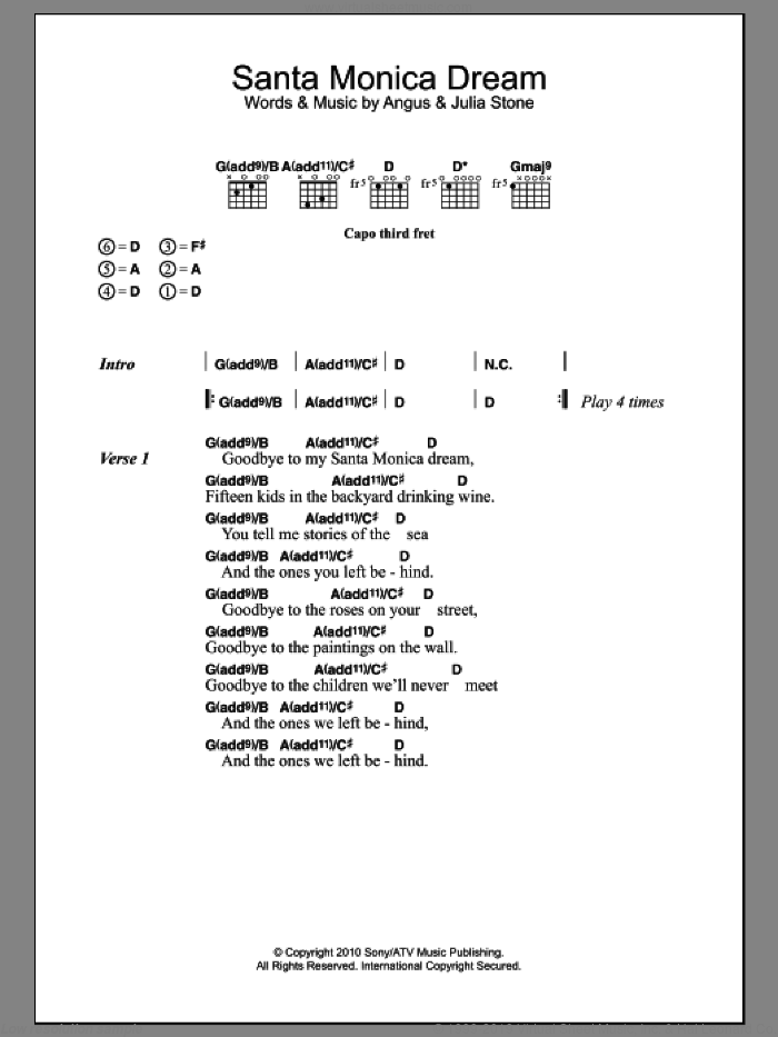Santa Monica Dream sheet music for guitar (chords) by Julia Stone and Angus Stone, intermediate skill level