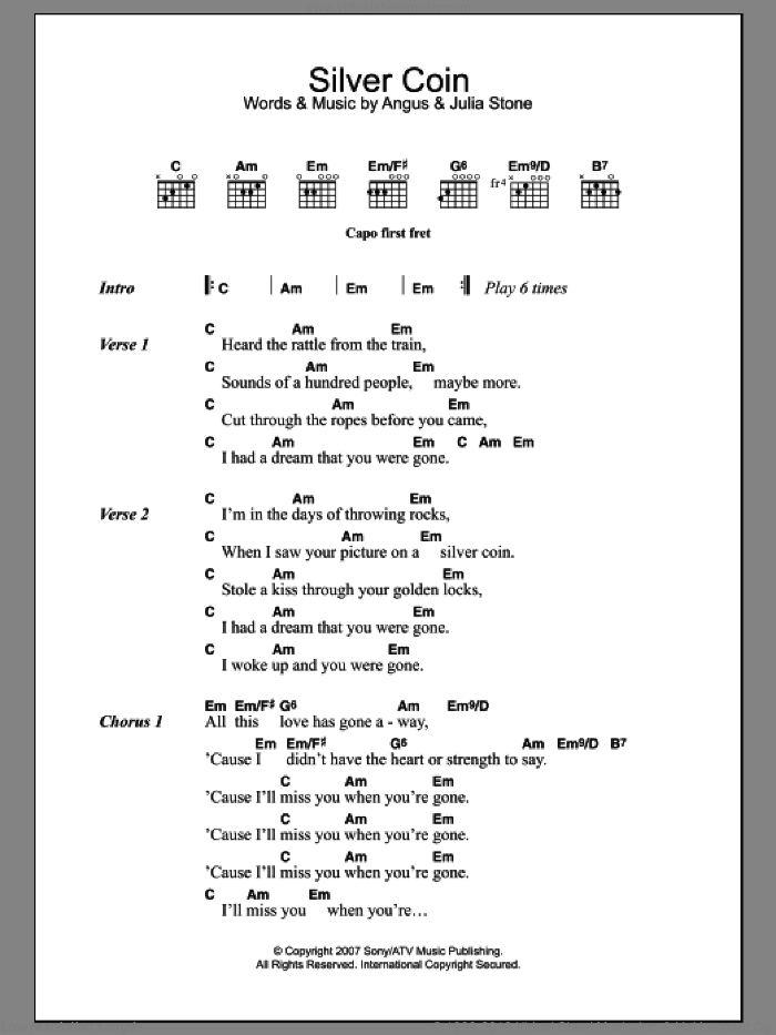 Silver Coin sheet music for guitar (chords) by Julia Stone and Angus Stone, intermediate skill level