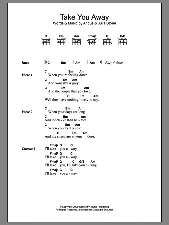 Take You Away sheet music for guitar (chords) by Julia Stone and Angus Stone, intermediate skill level