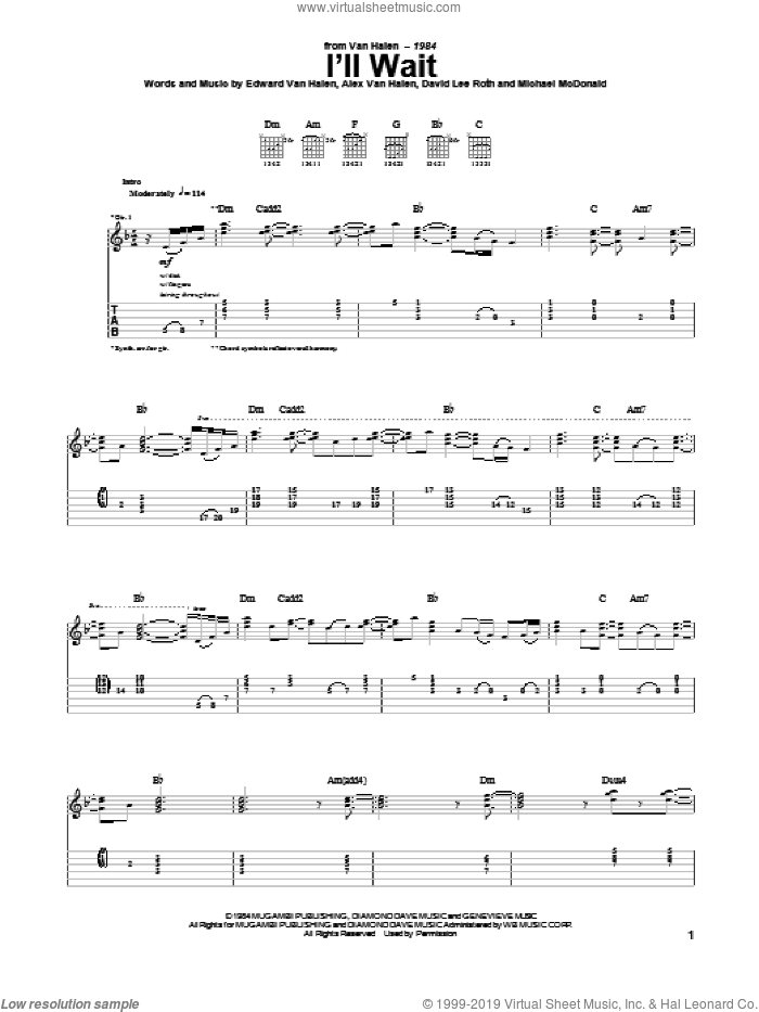 I'll Wait sheet music for guitar (tablature) by Edward Van Halen, Alex Van Halen, David Lee Roth and Michael McDonald, intermediate skill level