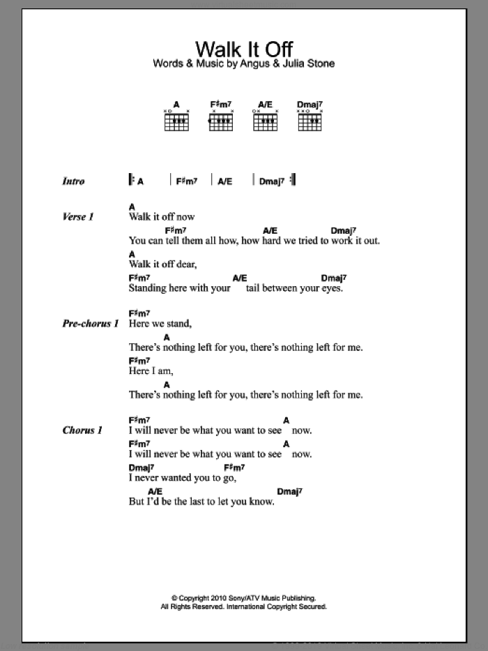 Walk It Off sheet music for guitar (chords) by Julia Stone and Angus Stone, intermediate skill level