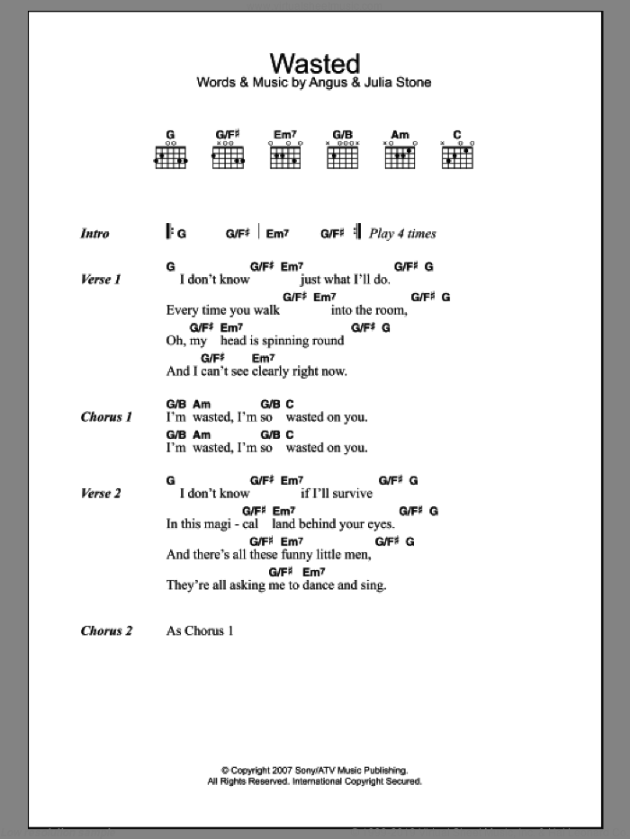 Wasted sheet music for guitar (chords) by Julia Stone and Angus Stone, intermediate skill level