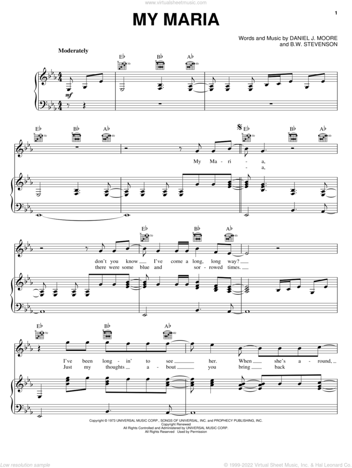 My Maria sheet music for voice, piano or guitar by Brooks & Dunn, B.W. Stevenson and Daniel Moore, intermediate skill level