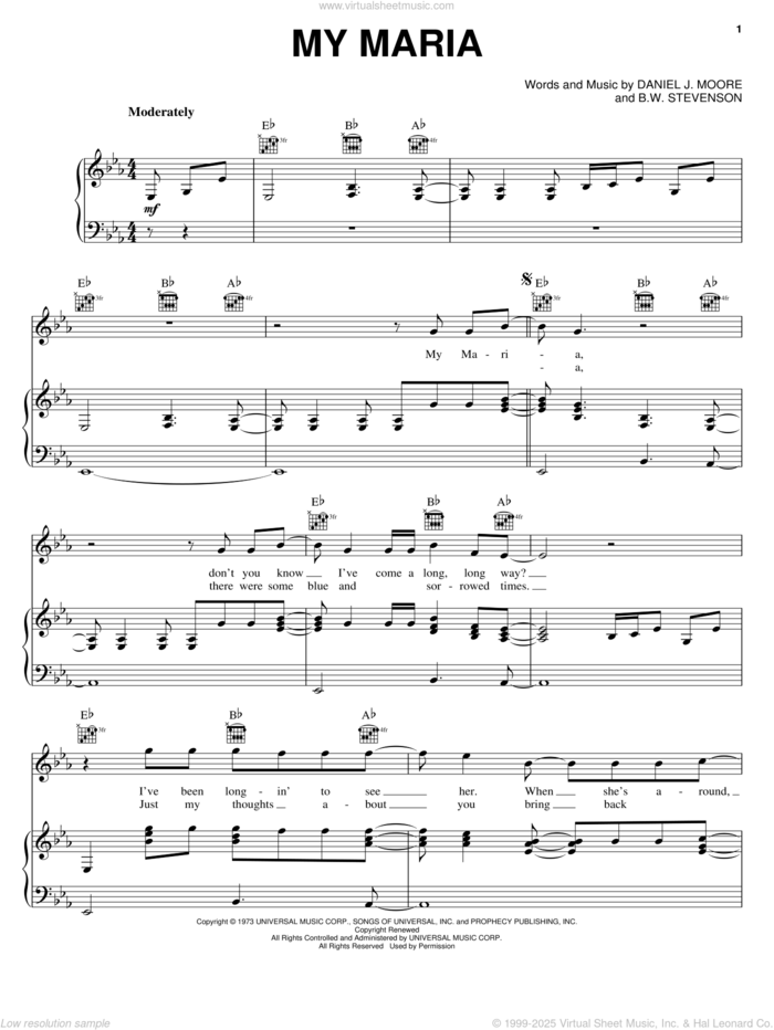 My Maria sheet music for voice, piano or guitar by Brooks & Dunn, B.W. Stevenson and Daniel Moore, intermediate skill level