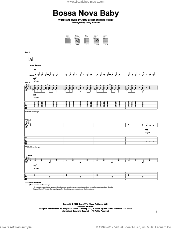 Bossa Nova Baby sheet music for guitar solo by Mike Stoller, Elvis Presley, Leiber & Stoller and Jerry Leiber, intermediate skill level