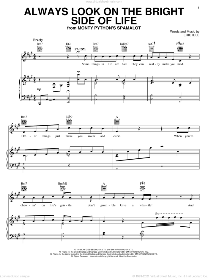 Always Look On The Bright Side Of Life (from Monty Python's Spamalot) sheet music for voice, piano or guitar by Eric Idle, intermediate skill level