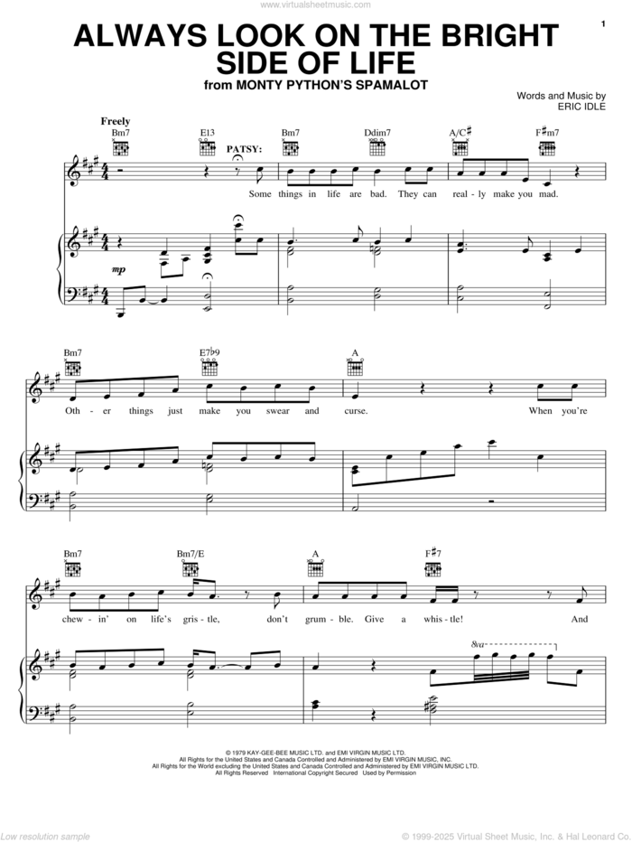 Always Look On The Bright Side Of Life (from Monty Python's Spamalot) sheet music for voice, piano or guitar by Eric Idle, intermediate skill level