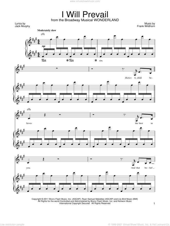 I Will Prevail sheet music for voice, piano or guitar by Frank Wildhorn, Wonderland (Musical) and Jack Murphy, intermediate skill level