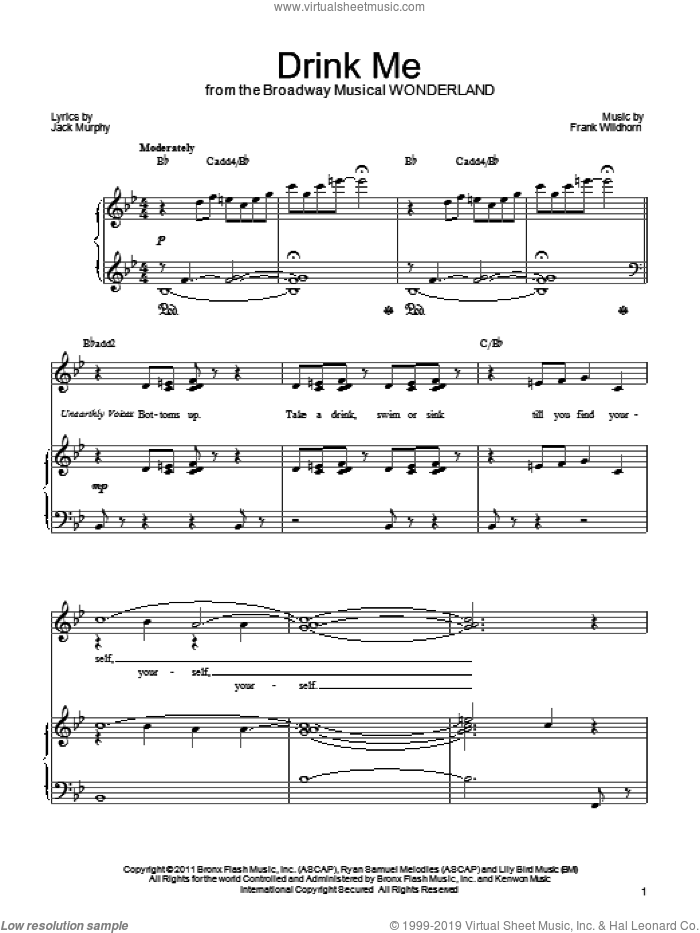 Drink Me sheet music for voice, piano or guitar by Frank Wildhorn, Wonderland (Musical) and Jack Murphy, intermediate skill level