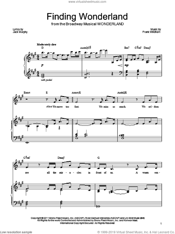 Finding Wonderland sheet music for voice, piano or guitar by Frank Wildhorn, Wonderland (Musical) and Jack Murphy, intermediate skill level