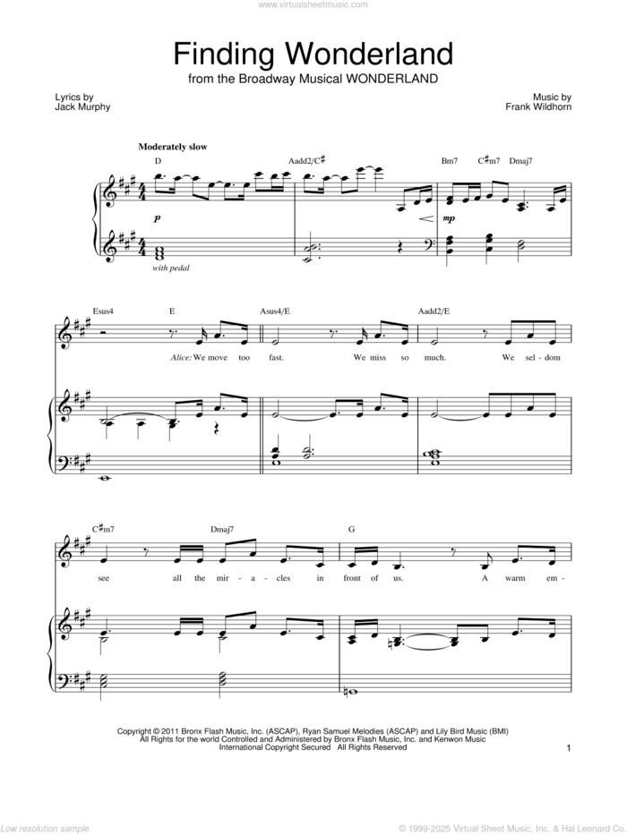 Finding Wonderland sheet music for voice, piano or guitar by Frank Wildhorn, Wonderland (Musical) and Jack Murphy, intermediate skill level