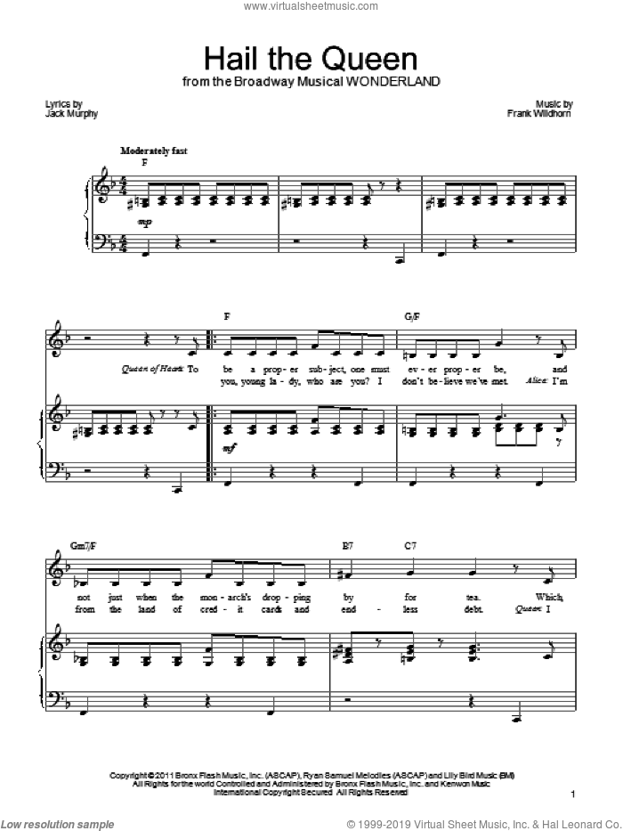 Hail The Queen sheet music for voice, piano or guitar by Frank Wildhorn, Wonderland (Musical) and Jack Murphy, intermediate skill level