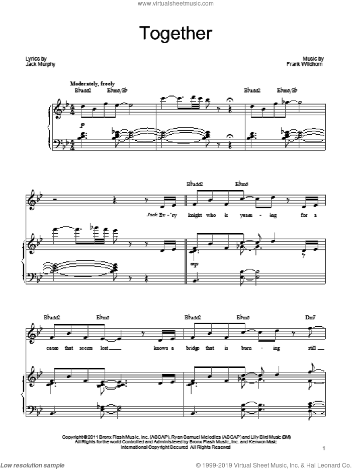 Together sheet music for voice, piano or guitar by Frank Wildhorn, Wonderland (Musical) and Jack Murphy, intermediate skill level