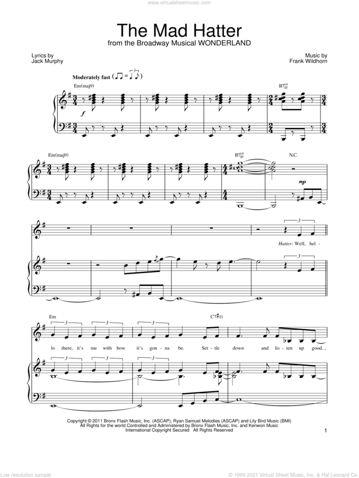 The Mad Hatter sheet music for voice, piano or guitar by Frank Wildhorn, Wonderland (Musical) and Jack Murphy, intermediate skill level