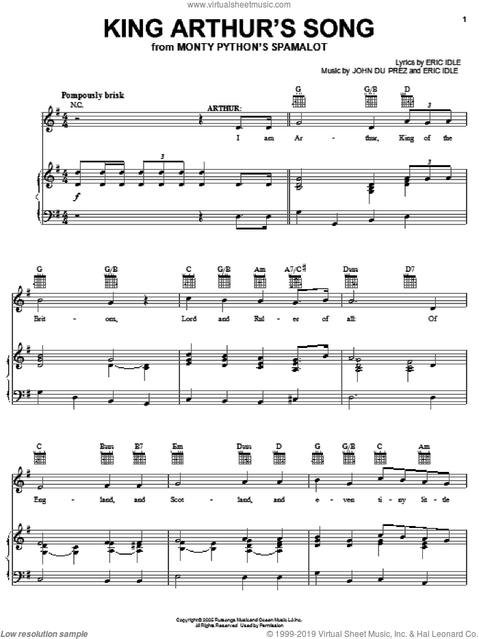 King Arthur's Song sheet music for voice, piano or guitar by Monty Python's Spamalot, Eric Idle and John Du Prez, intermediate skill level