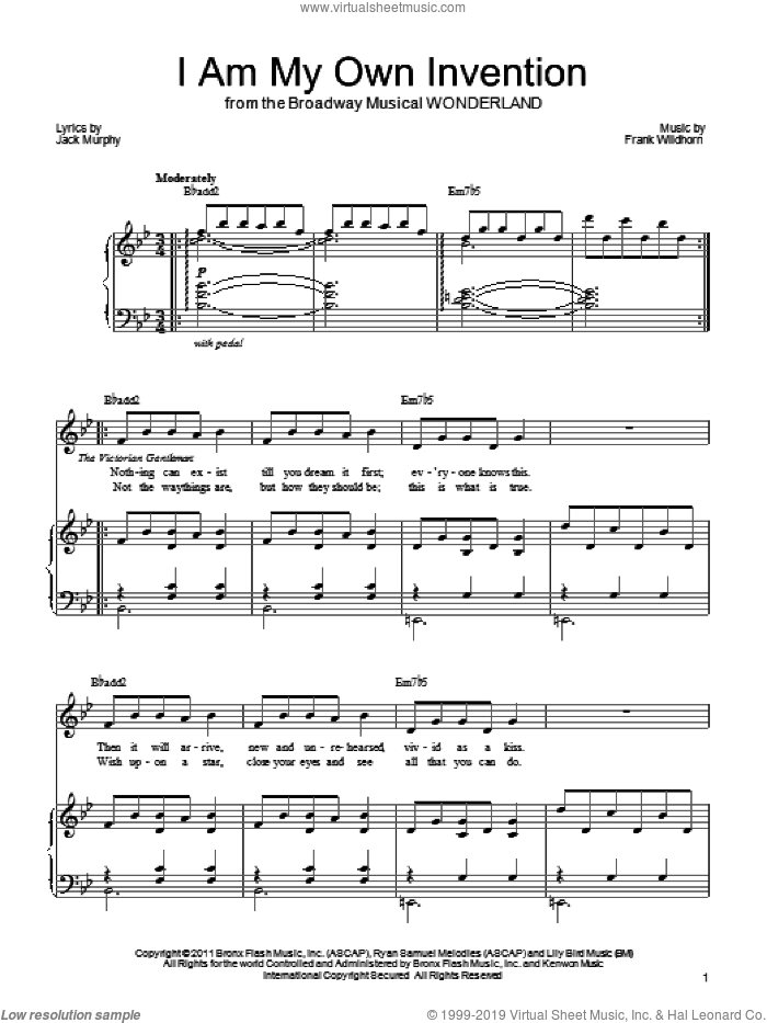 I Am My Own Invention sheet music for voice, piano or guitar by Frank Wildhorn, Wonderland (Musical) and Jack Murphy, intermediate skill level