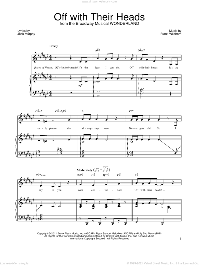 Off With Their Heads sheet music for voice, piano or guitar by Frank Wildhorn, Wonderland (Musical) and Jack Murphy, intermediate skill level