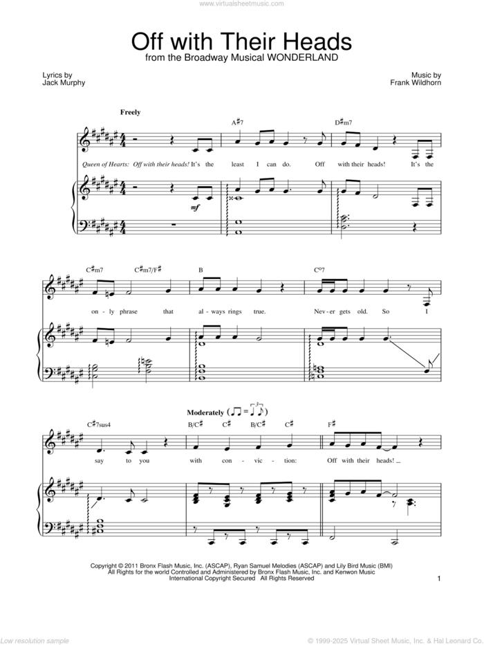 Off With Their Heads sheet music for voice, piano or guitar by Frank Wildhorn, Wonderland (Musical) and Jack Murphy, intermediate skill level