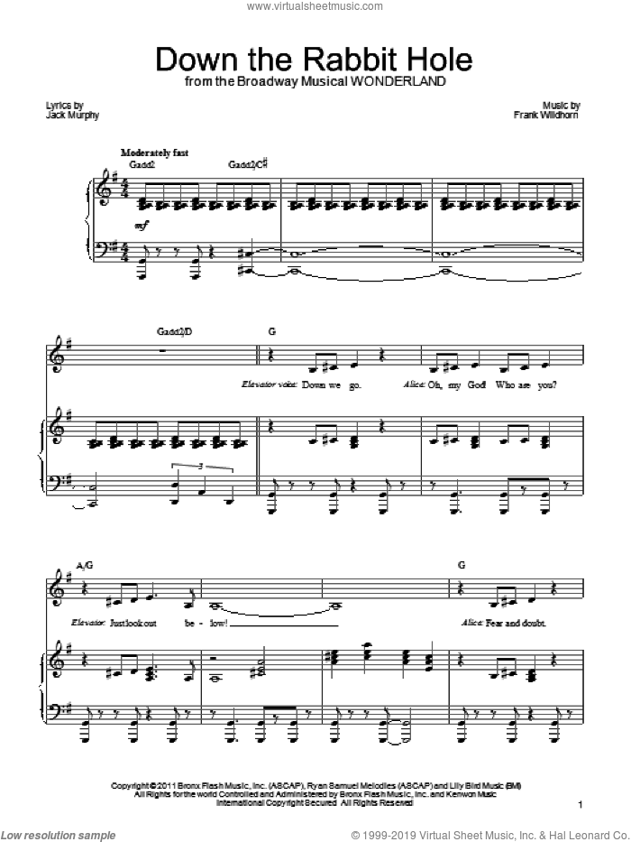Down The Rabbit Hole sheet music for voice, piano or guitar by Frank Wildhorn, Wonderland (Musical) and Jack Murphy, intermediate skill level
